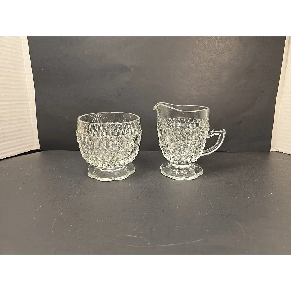 Vintage Indiana Glass Clear Diamond Point Glass Creamer and Open Sugar Bowl‎